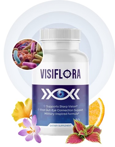 VisiFlora supplement bottle with ginkgo, saffron flower, orange and coleus leaves