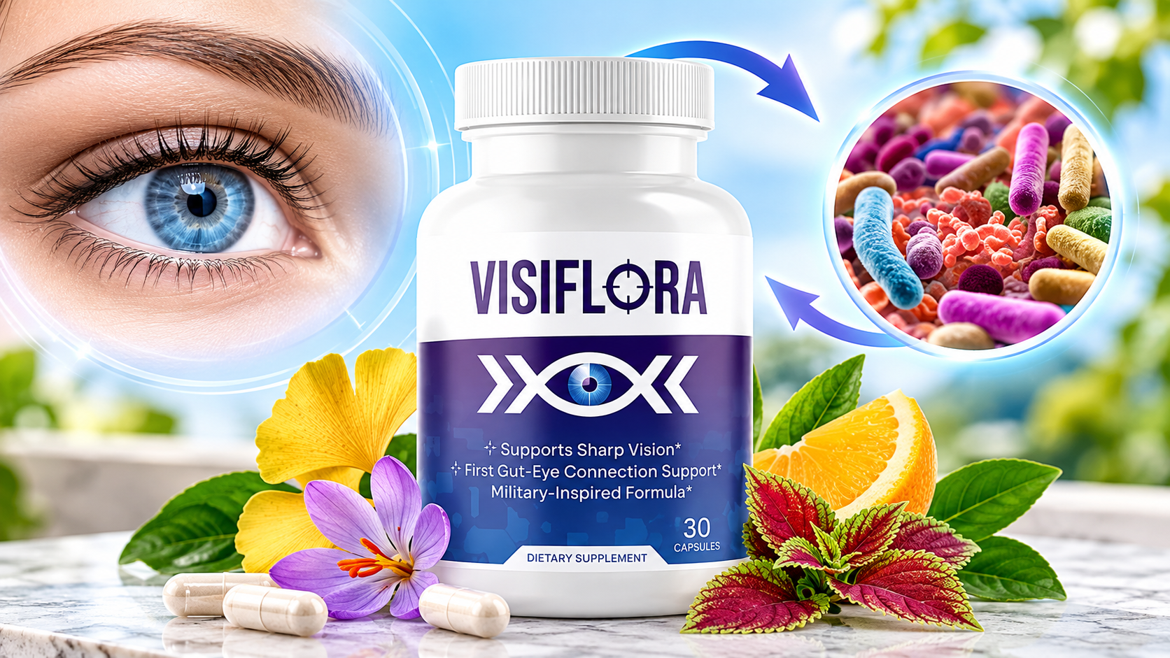VisiFlora bottle between an eye and a gut microbiome illustration